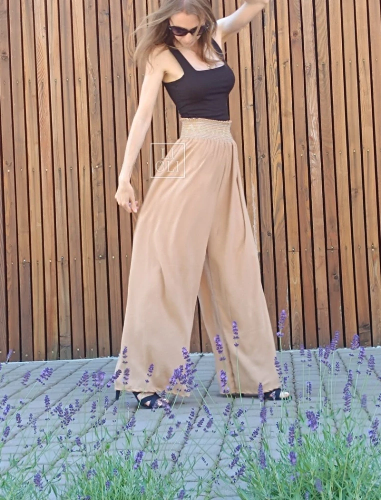 Ľahké letné camel nohavice LILI s ozdobným pasom