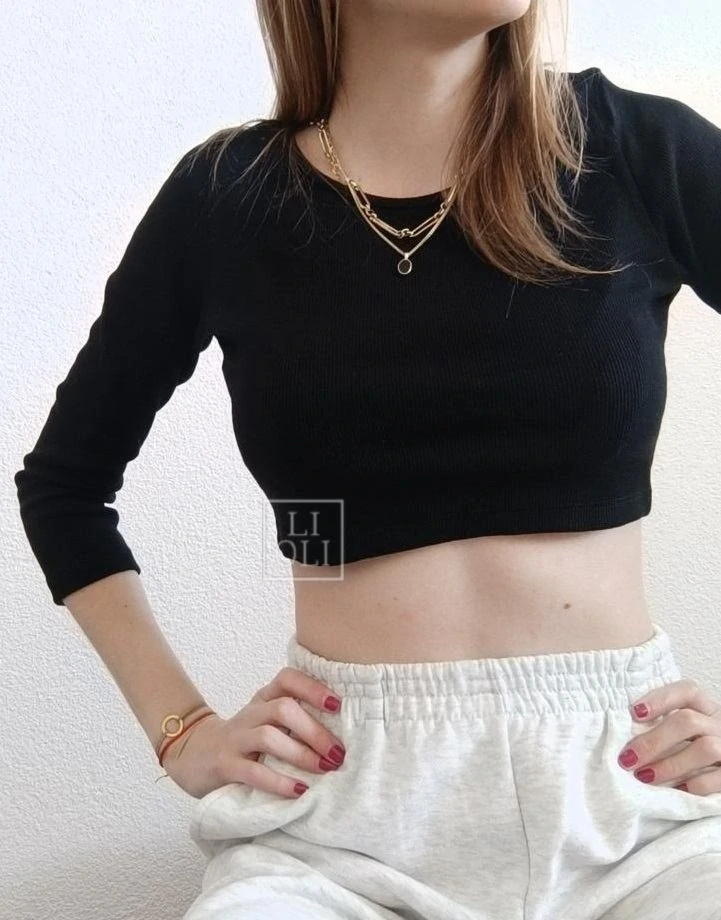 Dámsky crop top s 3/4 rukávom čierny