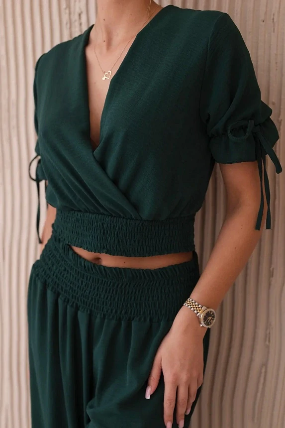 Letný viskózový set: blúzka a nohavice DARK GREEN