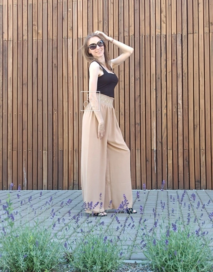 Ľahké letné camel nohavice LILI s ozdobným pasom