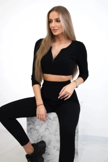 Rebrovaná čierna súprava CHERIL: top + legíny